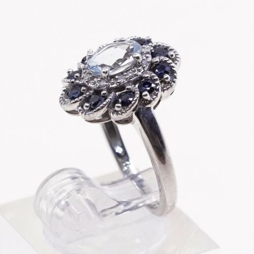 Sz 5.75, Vtg Sai Sterling Silver Ring, 925 Ring W/ blue Topaz N Sapphire Around