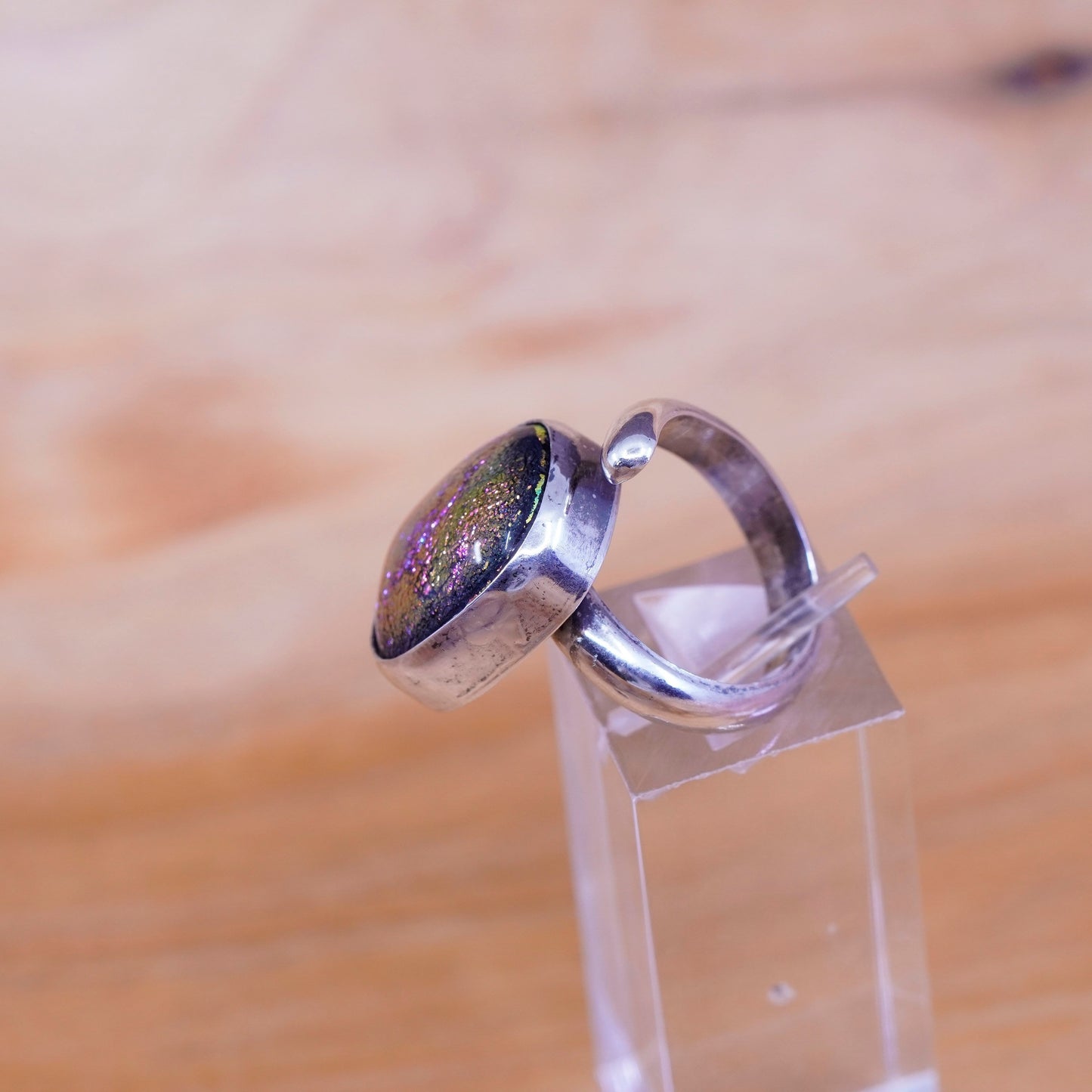 sz 4.75, designer Sterling silver ring, southwestern 925 with pink foiled glass