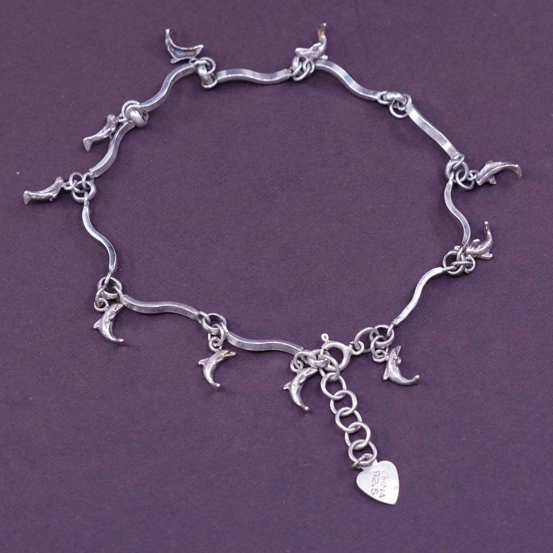 7.75"+1”, vtg Sterling silver bracelet, Italy 925 wavy bar n dolphin charms