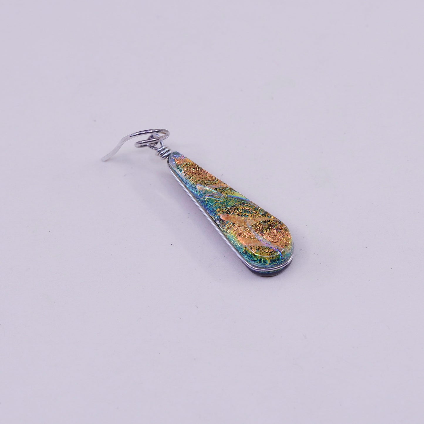 Sterling 925 silver handmade earrings orange teardrop foiled artisan glass drop