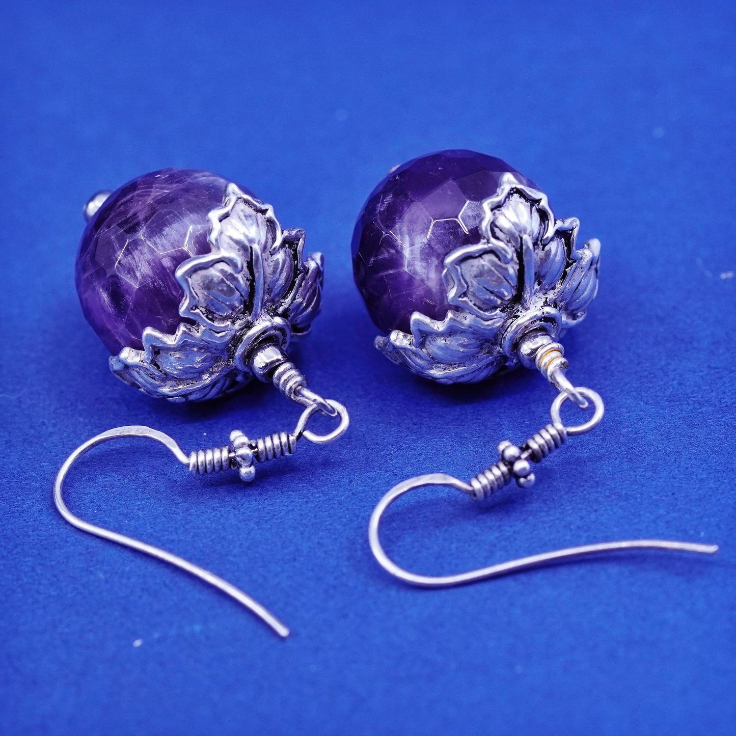 Vintage sterling 925 silver handmade leaf earrings with grape amethyst beads
