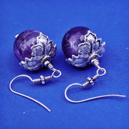 Vintage sterling 925 silver handmade leaf earrings with grape amethyst beads