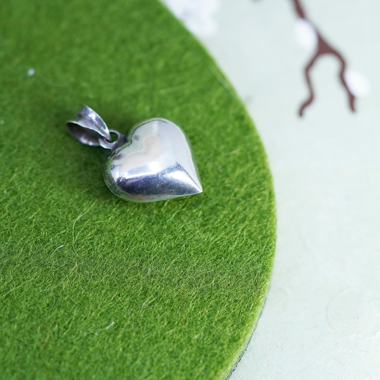 Vintage handmade sterling silver puffy heart charm, 925 charm pendant