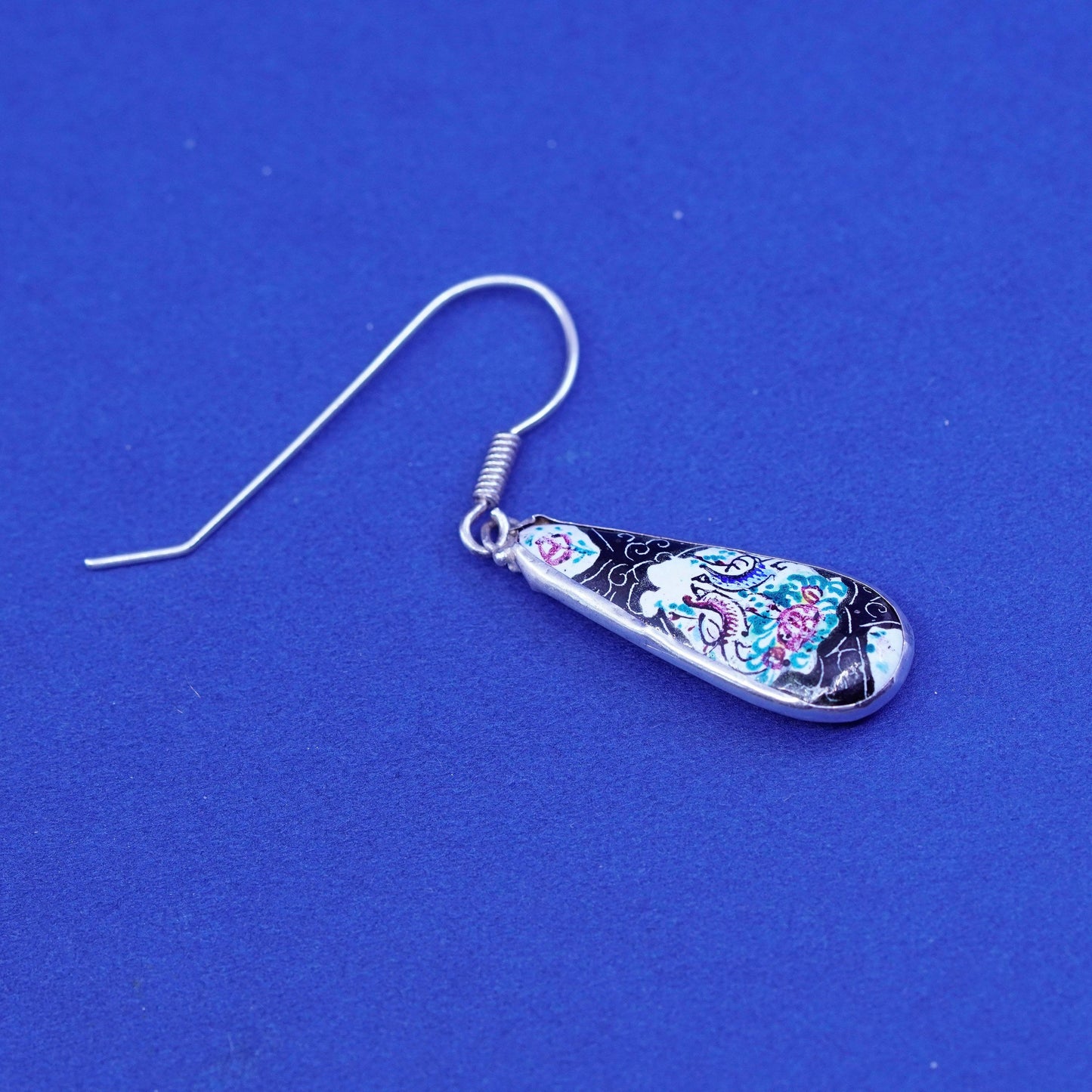 Vintage sterling 925 silver handmade earrings with orient teardrop enamel
