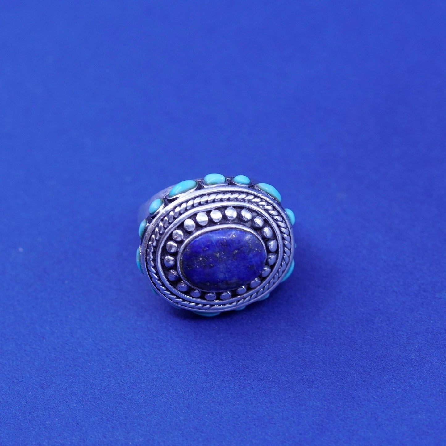 Size 7, sterling silver handmade statement ring Lapis lazuli turquoise beads