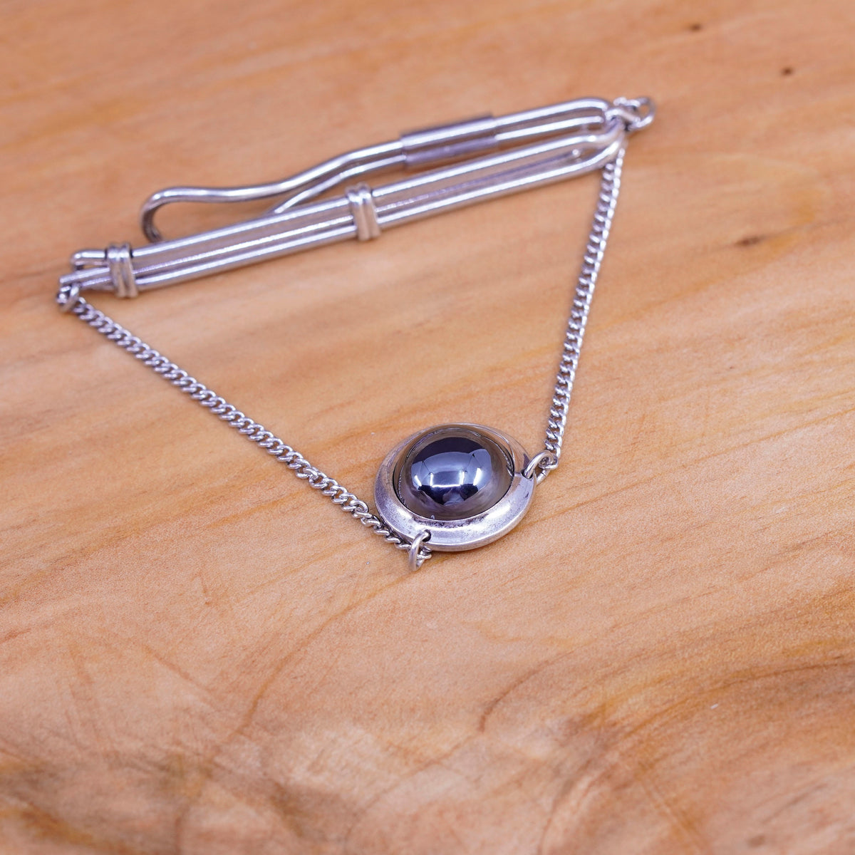 Vintage sterling silver handmade tie clip, 925 tieclip with hematite