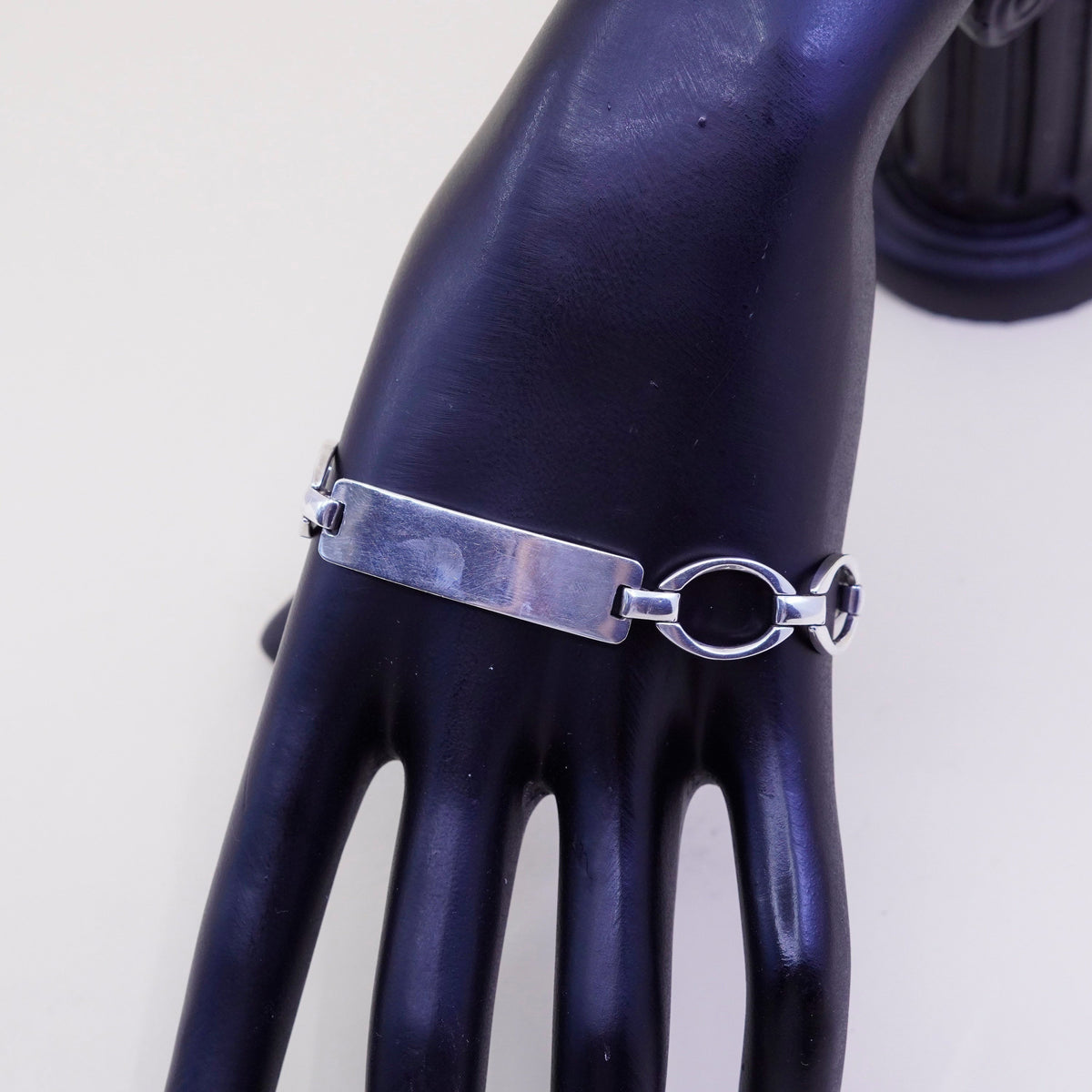 8”, Vintage sterling silver bracelet, 925 circle chain with blank bar tag