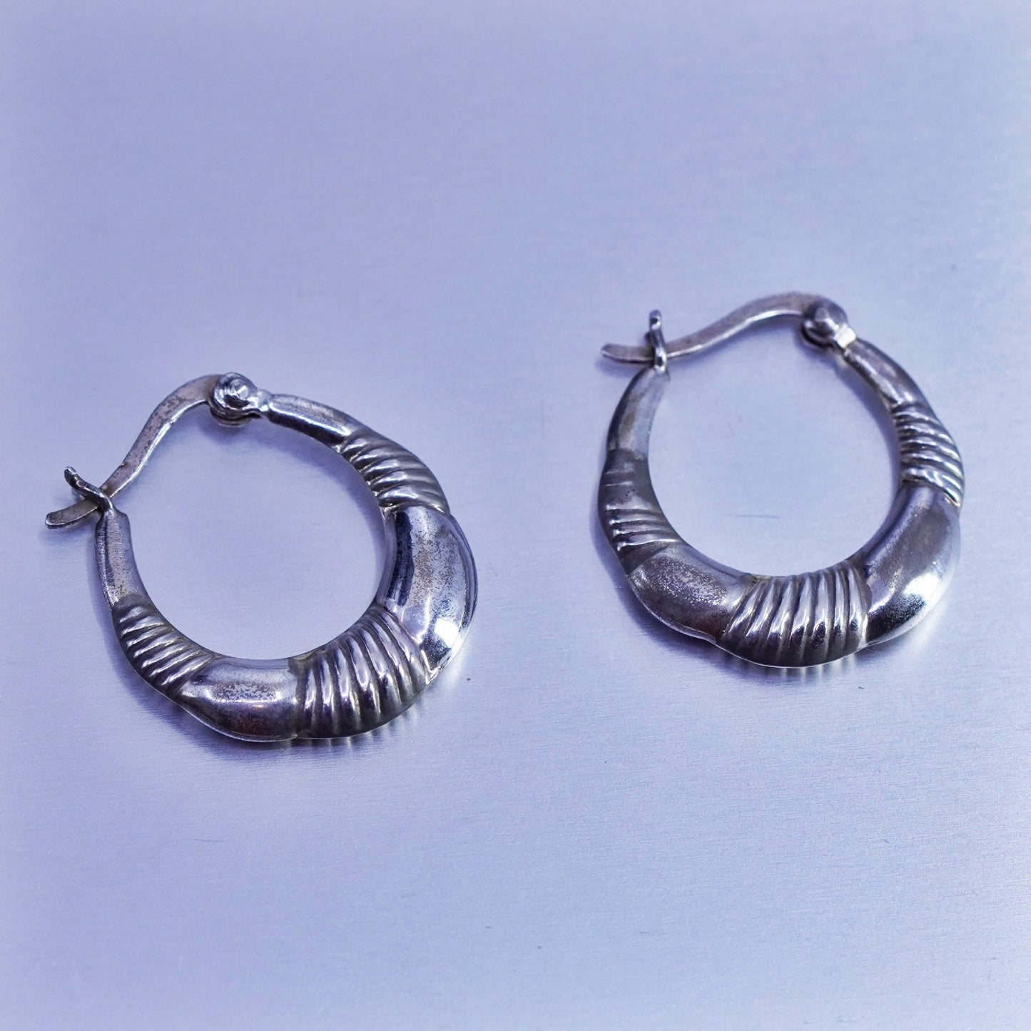 0.75”, vintage Sterling silver handmade earrings, ribbed 925 hoops