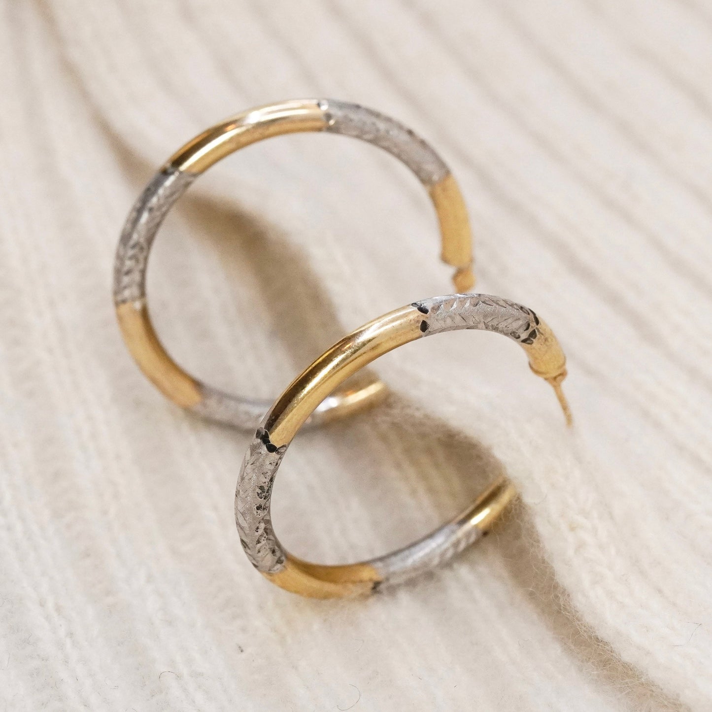 1.25”, Vintage vermeil 1/20 10K gold sterling silver earrings, textured hoops