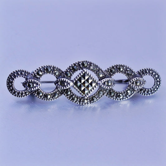 Vintage sterling silver handmade brooch, 925 long pin with Marcasite