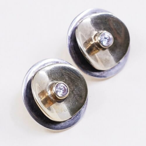 Vtg Modern Two Tone Sterling Silver Handmade Earrings, 925 Studs W/ Cz