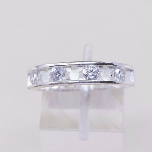 Sz 8.5, Vtg Sterling Silver Ring, Thailand 925 Modern Disney Band Ring W/ CZ