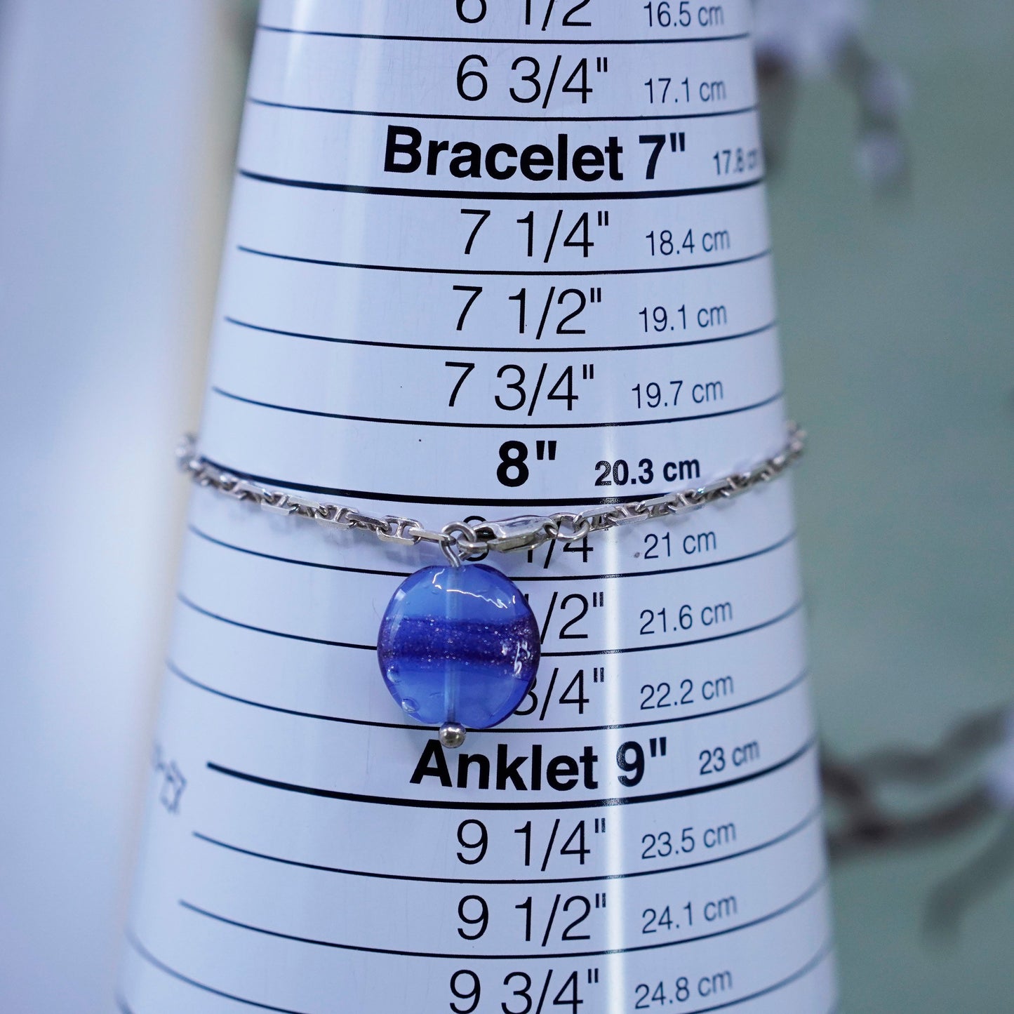 8.5”, sterling 925 silver bracelet, Italy anchor chain blue foiled glass charm