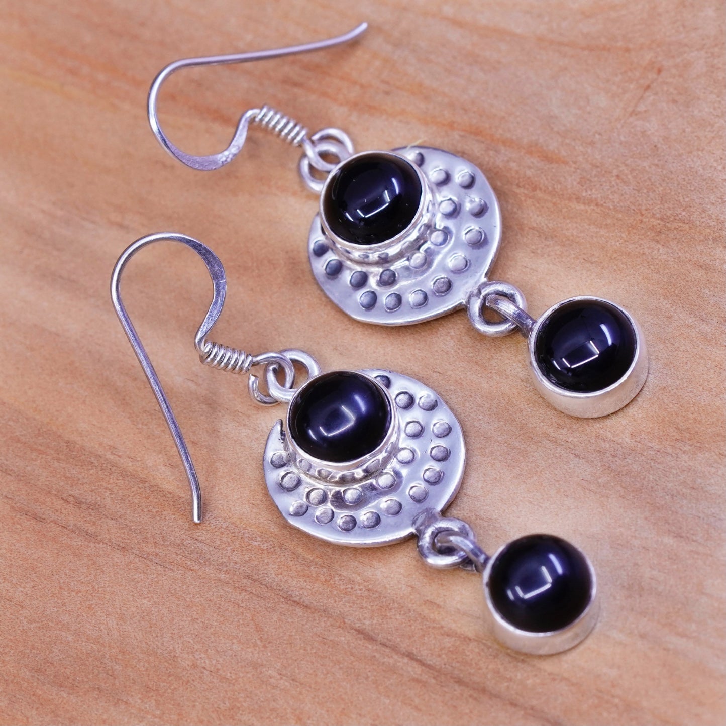 vtg handmade sterling silver earrings, 925 hammered disc with obsidian dangles