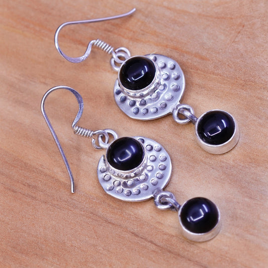 vtg handmade sterling silver earrings, 925 hammered disc with obsidian dangles