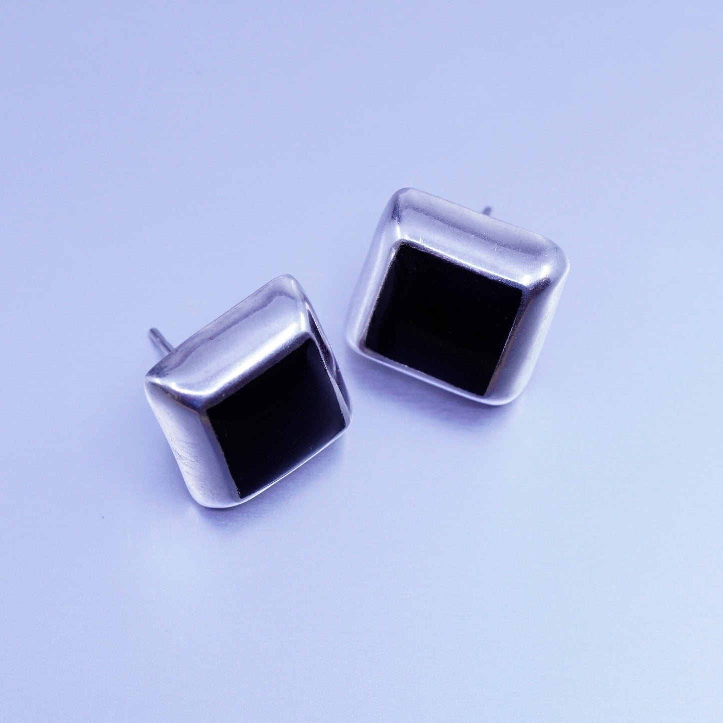 Vintage Sterling 925 silver handmade earrings, square onyx studs