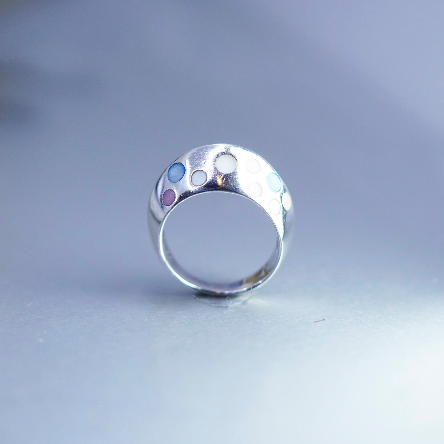 Size 7, vintage Sterling 925 silver handmade band ring w/ mother of pearl dots