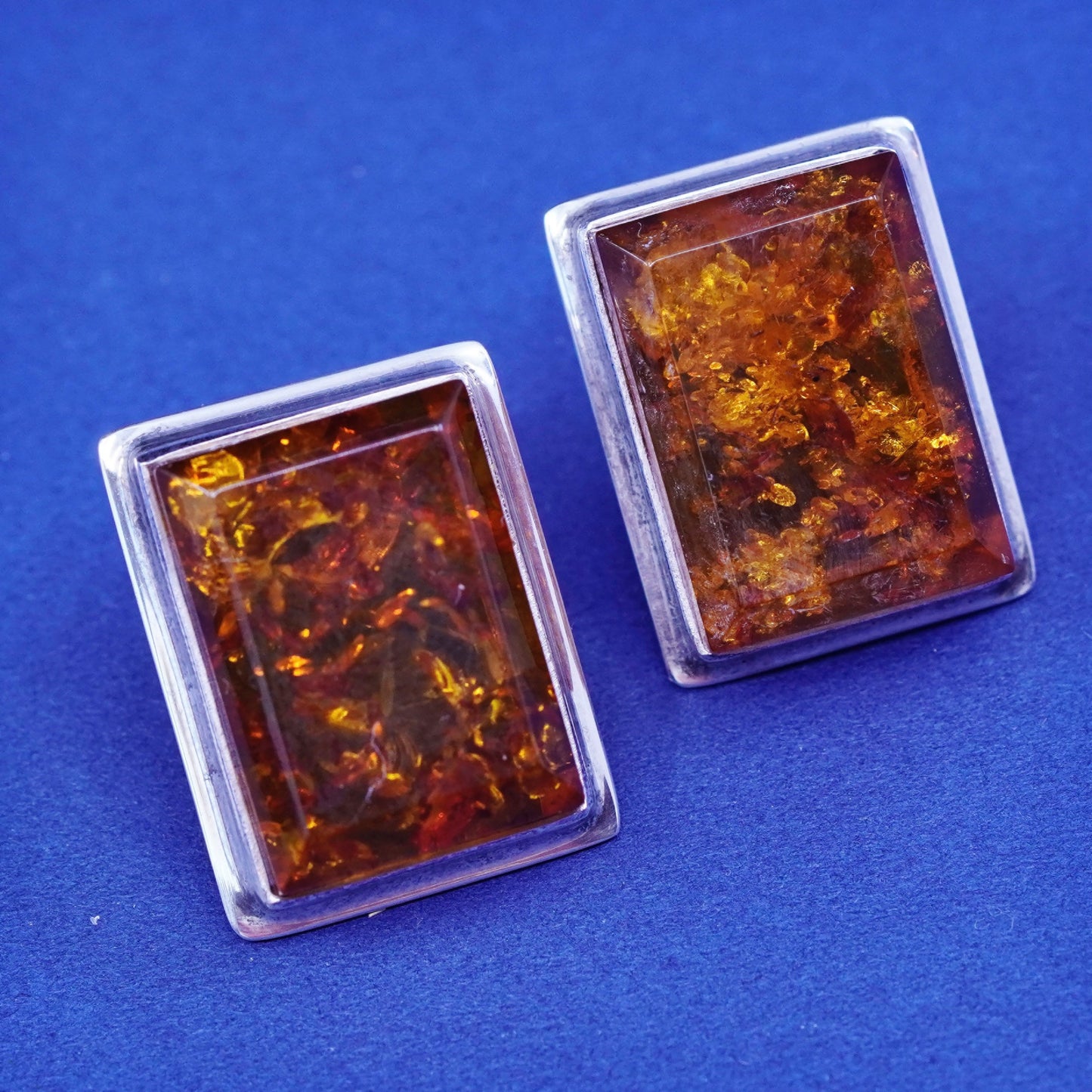 Vintage sterling silver handmade earrings, 925 square studs with amber