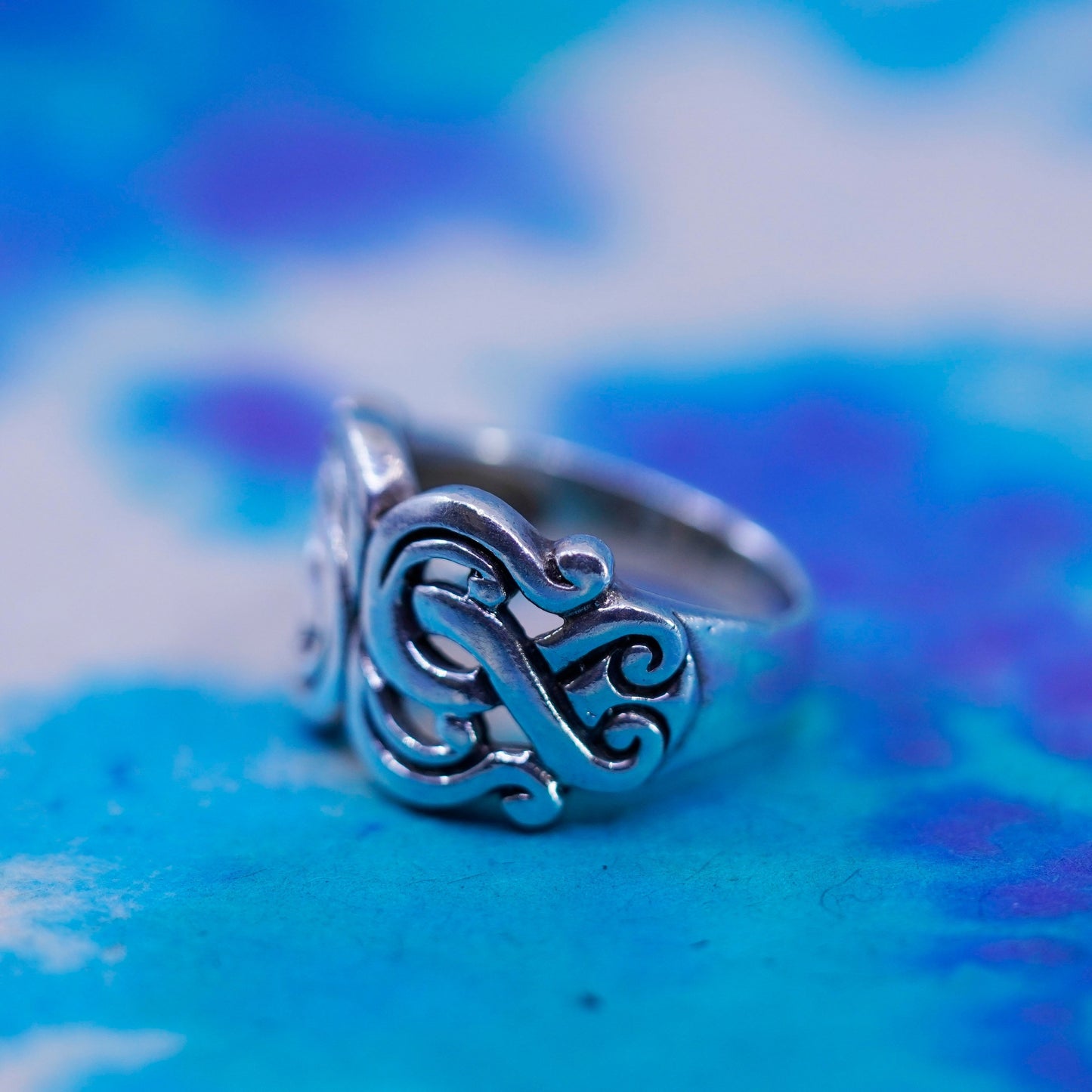 Size 7, vintage Sterling silver handmade ring, bold 925 filigree band