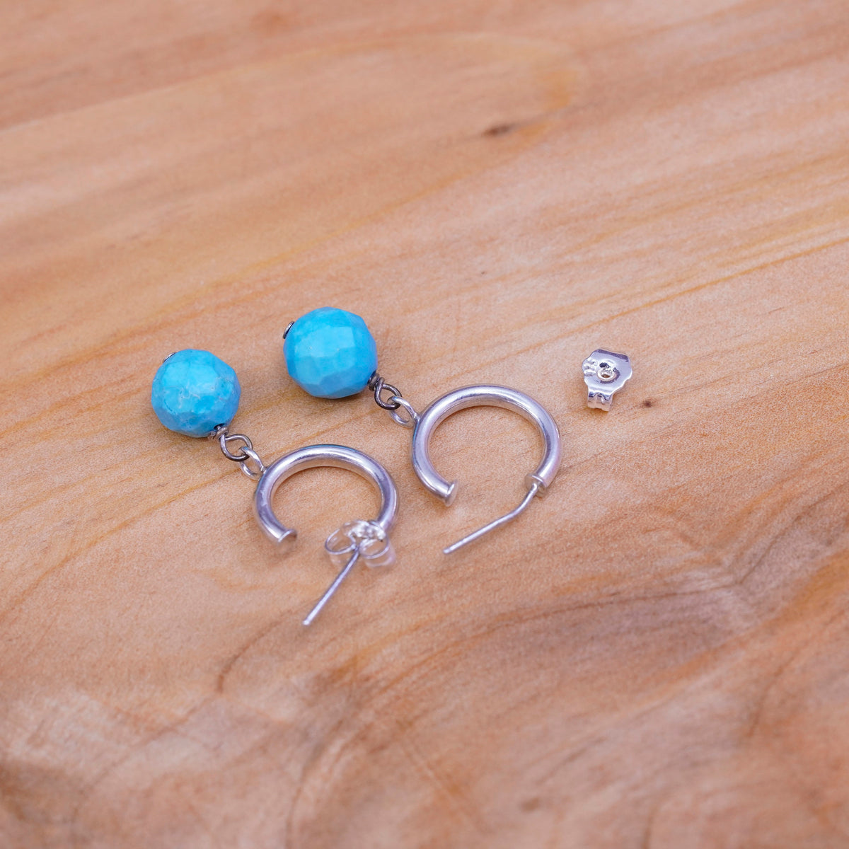 vtg Sterling silver handmade earrings, 925 Huggie hoops with turquoise beads