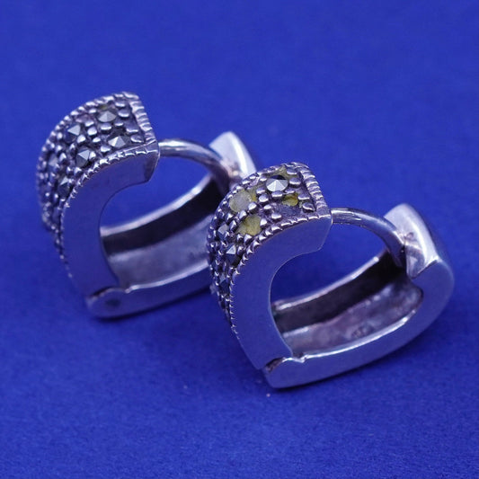 0.5”, vintage Sterling silver handmade earrings, 925 hoops marcasite, huggie