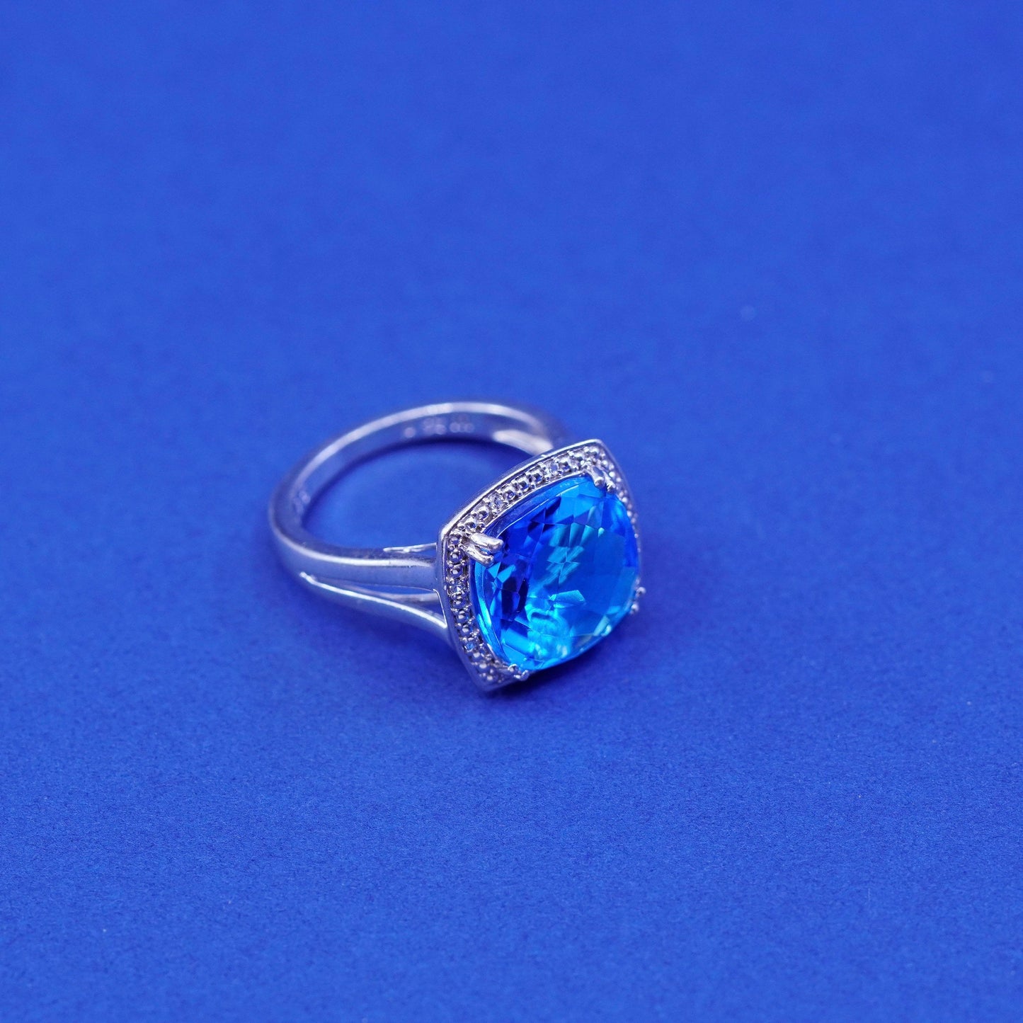 Size 6.75, vintage Sterling 925 silver handmade ring with topaz and diamond
