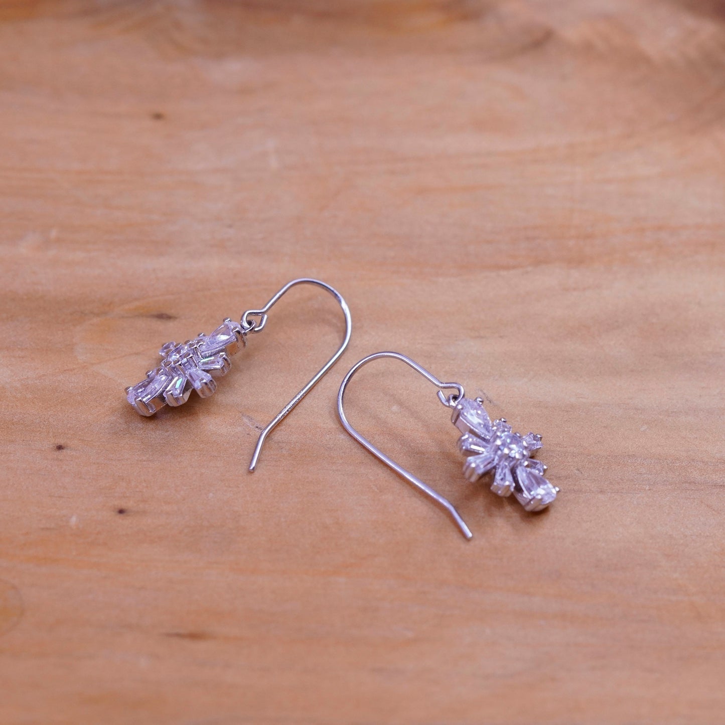 Vintage Sterling silver handmade earrings, 925 snowflake drops with cz