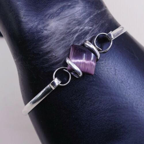 6.75”, Vtg Sterling Silver Handmade Bracelet, 925 W/ Purple Tiger’s Eye Bangle