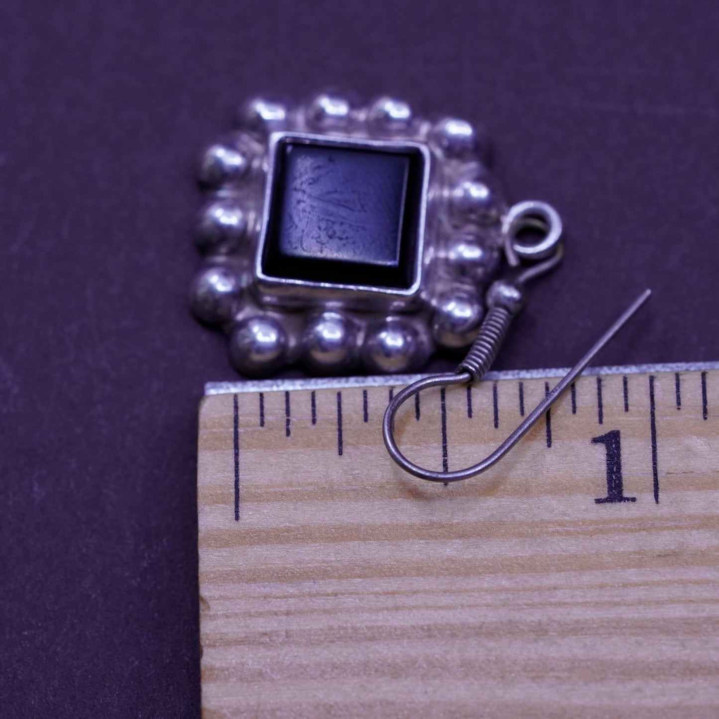 Vintage Sterling 925 silver handmade earrings with square obsidian and beads