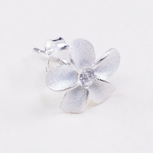 Vintage Sterling Silver Handmade Earrings, 925 Silver Flower Studs W/ Cz