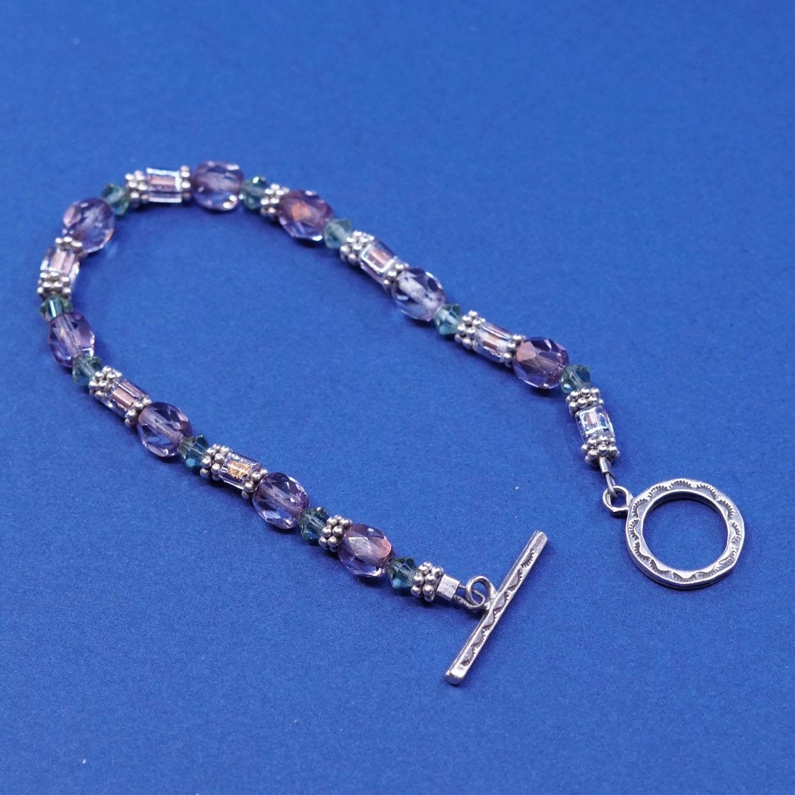 6.25”, vtg sterling silver handmade bracelet, 925 w/ purple crystal beads