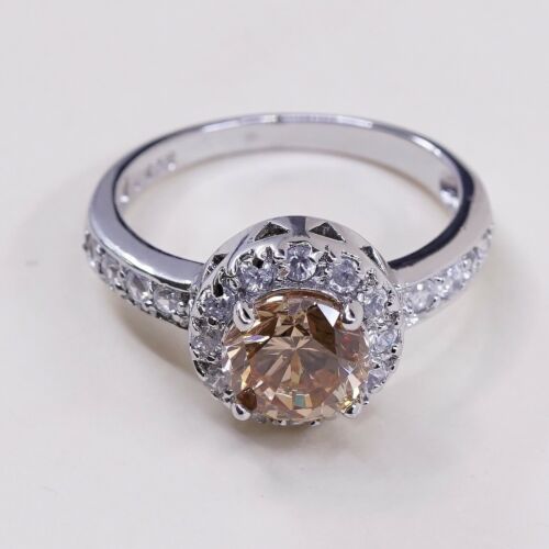 Sz 7.25, Vtg Sterling Silver Ring, 925 Silver Engagement Ring W/ Orange Crystal
