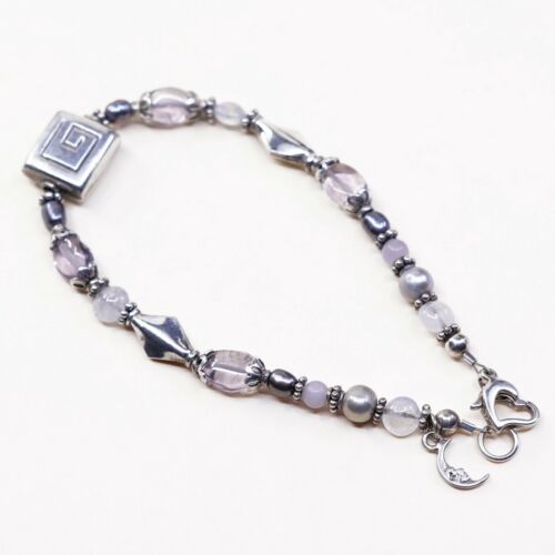7.25”, Vtg Sterling Silver Handmade bracelet W/ Gray Pearl Beads N Moon Charm