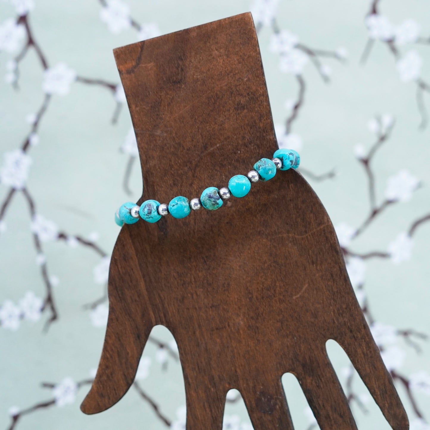 7+1”, southwestern Sterling 925 silver handmade bracelet with turquoise beads