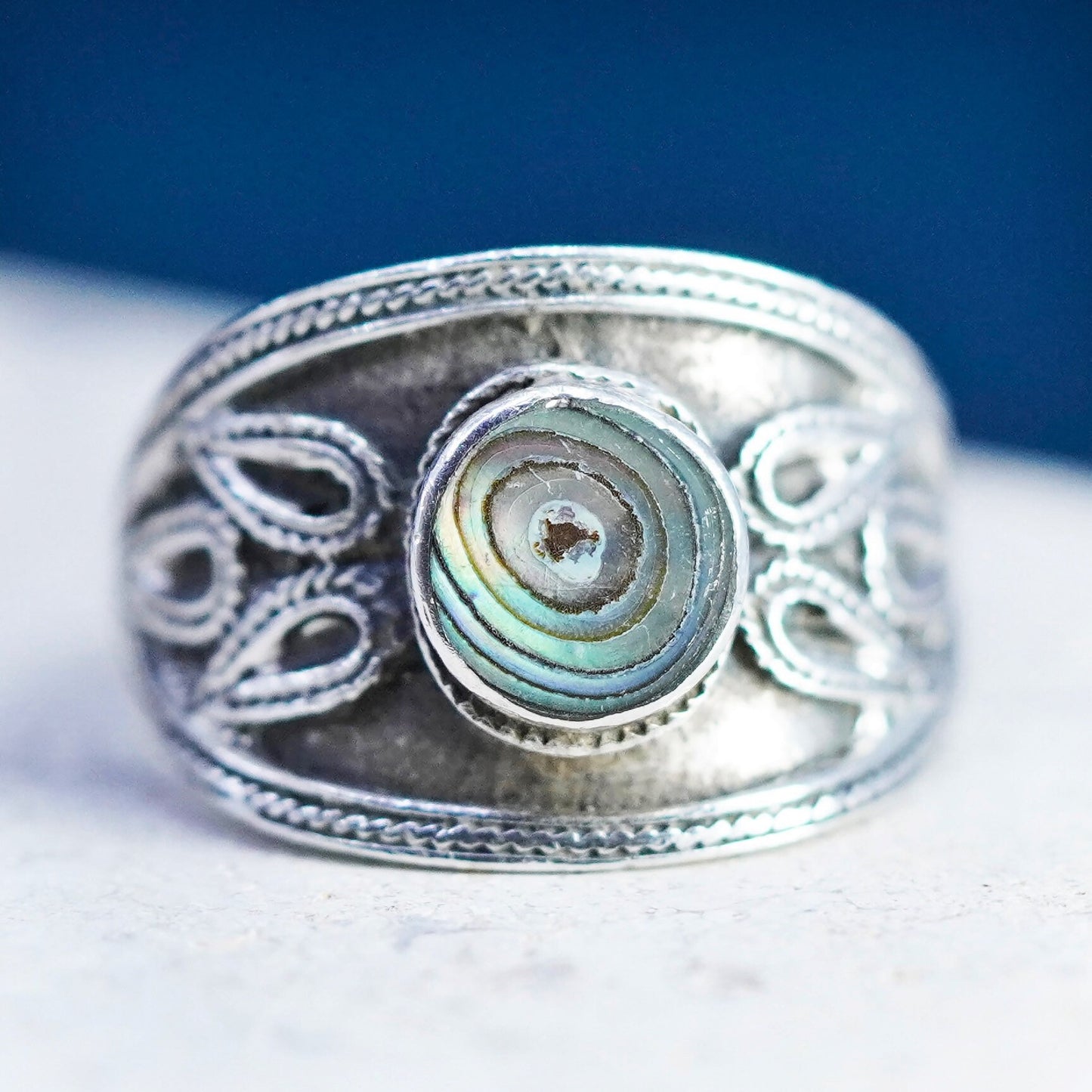 Size 7, vintage sterling silver handmade ring, 925 band with abalone inlay