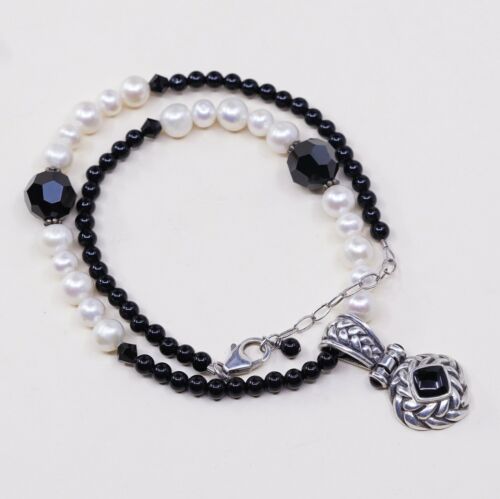 14”+2”, Vtg Sterling 925 silver Chain handmade necklace W/ Pearl N Obsidian Bead
