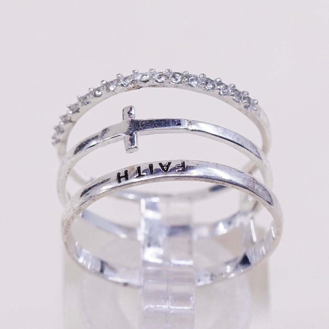 sz 7.5, vtg Sterling silver statement ring, band, 925 cross w/ faith n CZ