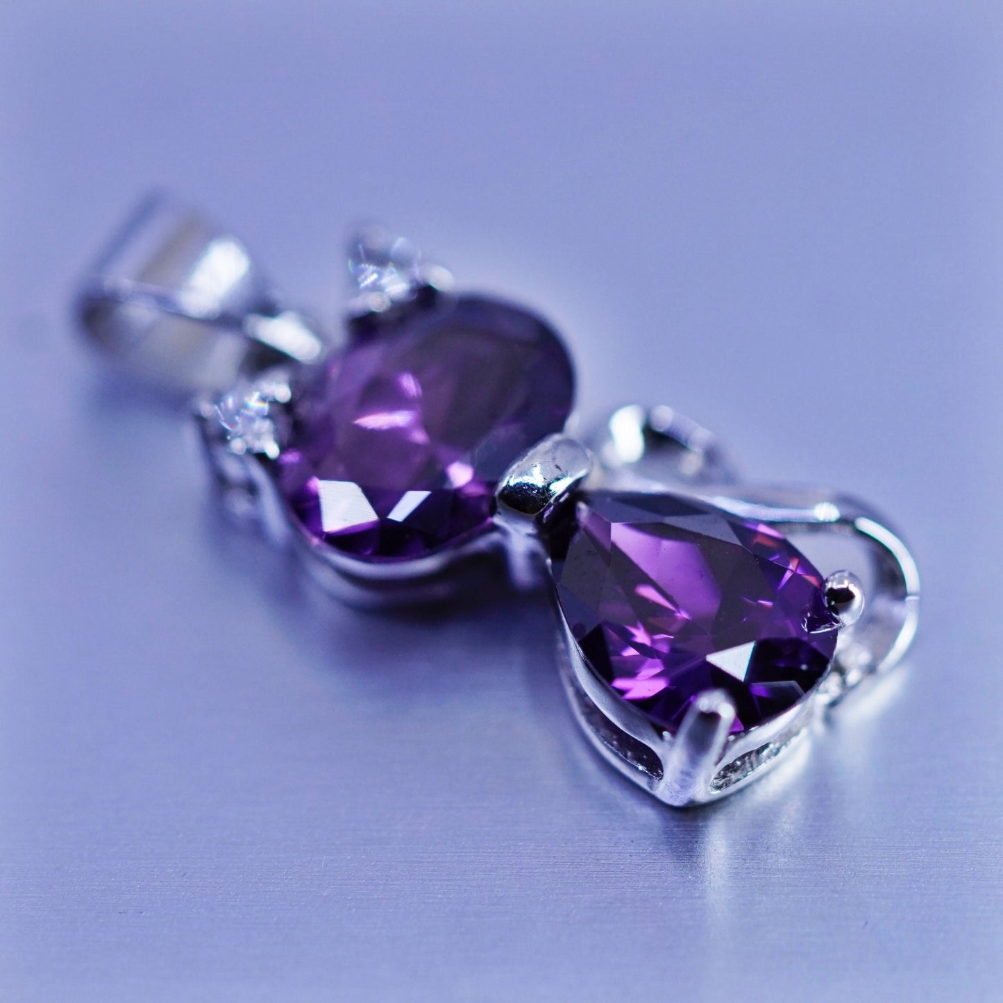 antique sterling 925 silver cat kitty pendant with amethyst and Cz