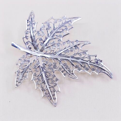 Vtg BRICKS Sterling Silver Handmade Filigree Maple Leaf Brooch Pin