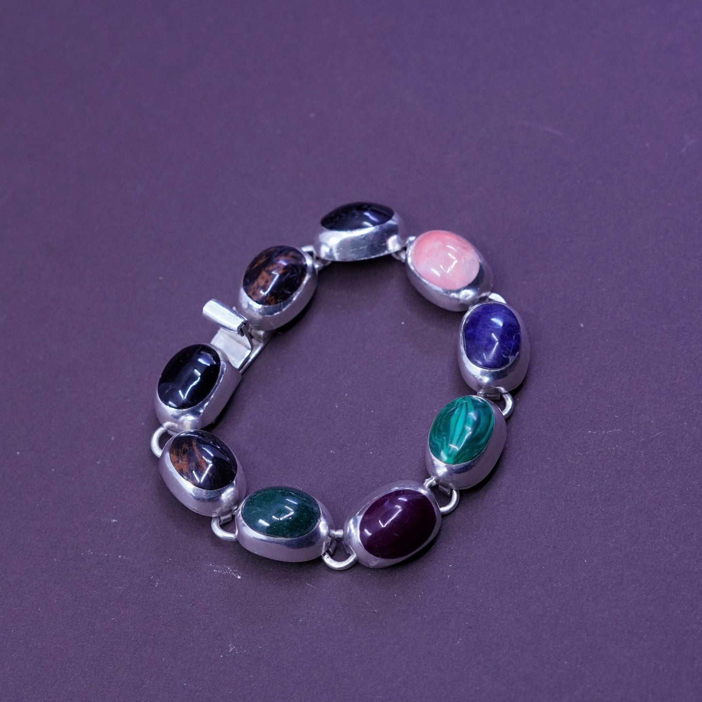6.75”, mexico Sterling 925 silver bracelet w/ quartz obsidian jasper malachite