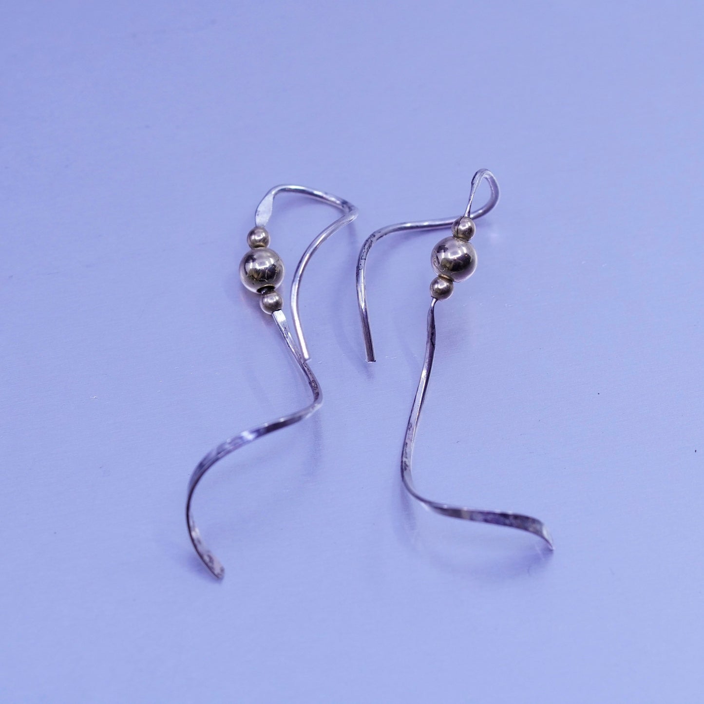 Vintage Sterling 925 silver handmade twisted earrings drop with 14K gold beads
