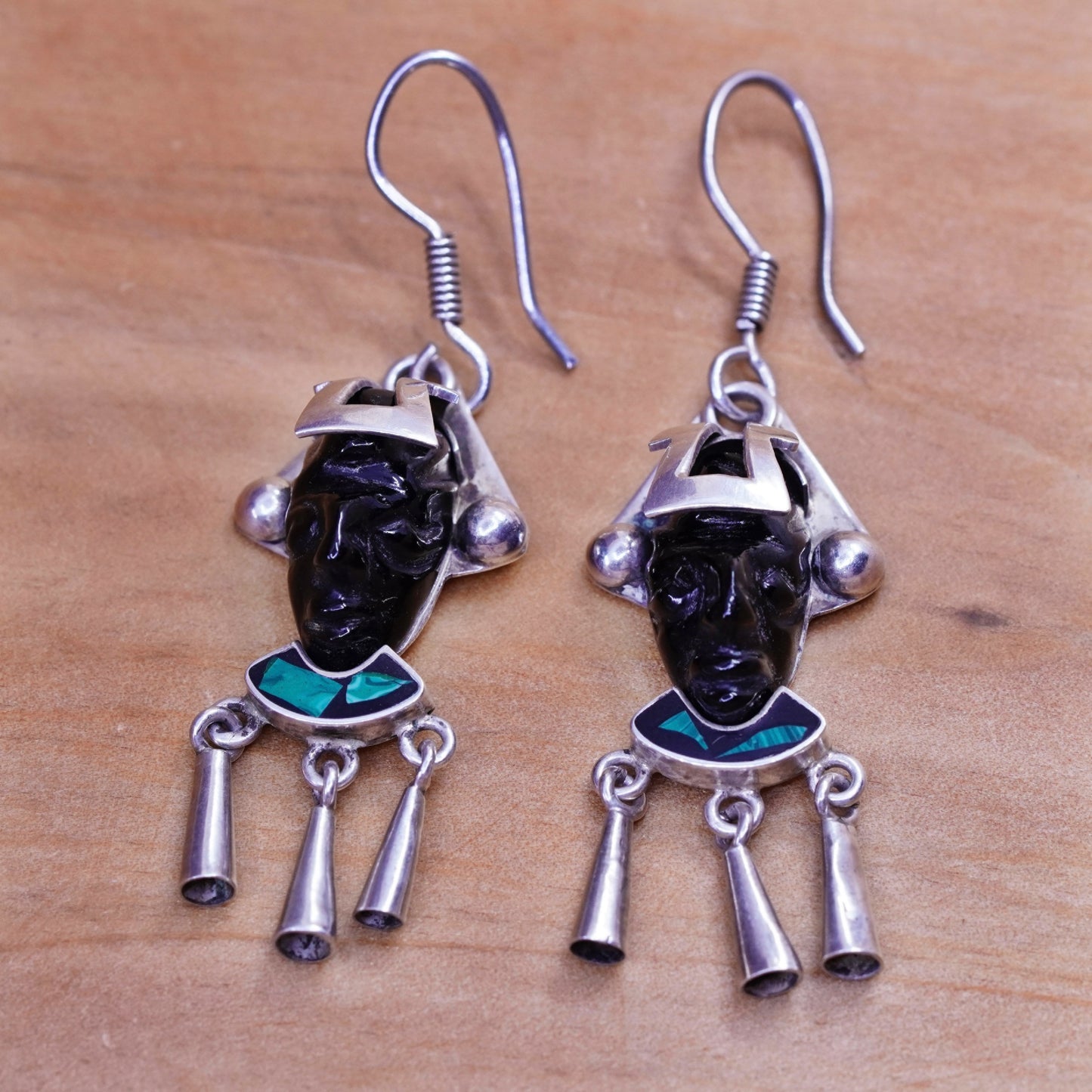 Vintage Sterling 925 silver handmade earrings worrier obsidian teardrop dangles