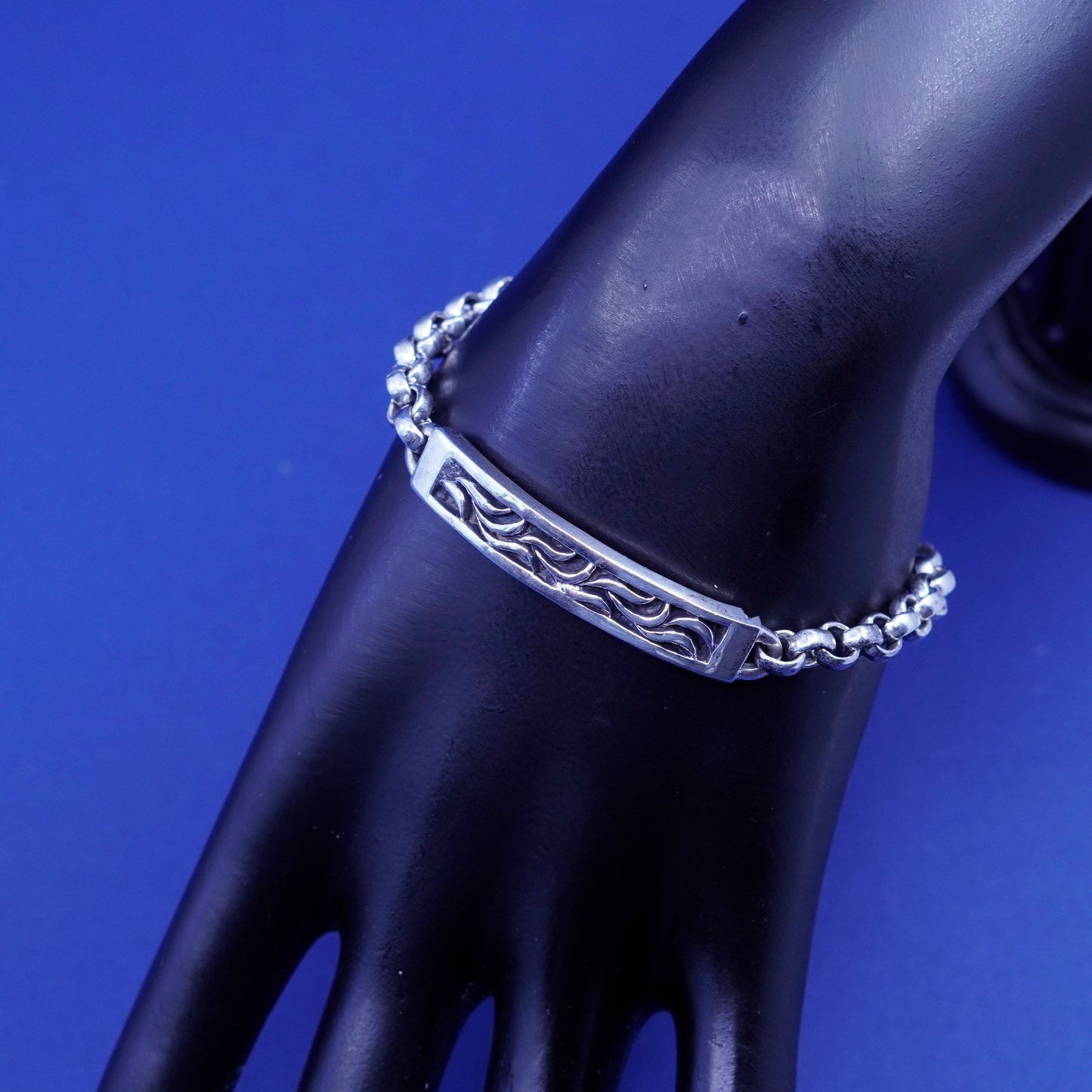 6.5”, 5mm, vintage handmade Sterling silver bracelet, circle chain with bar tag