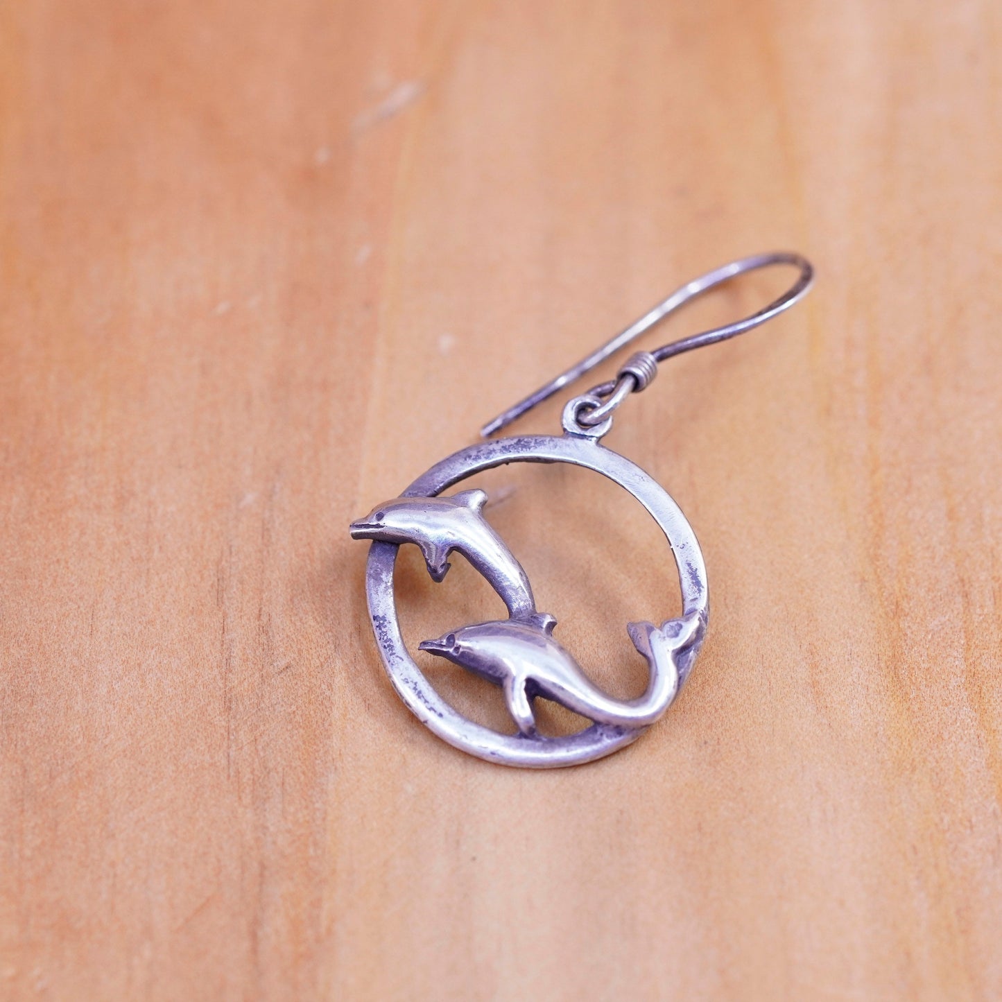 Vintage Sterling silver handmade earrings, 925 dolphin dangle