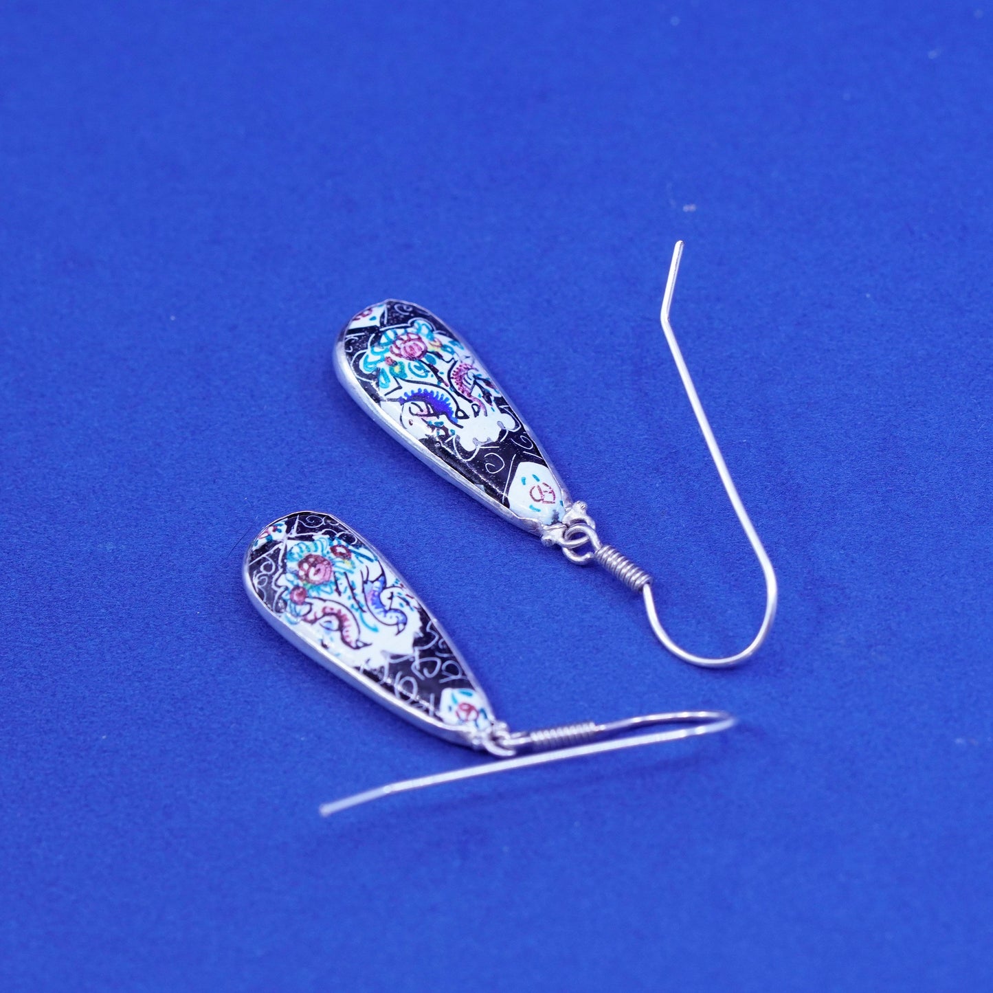 Vintage sterling 925 silver handmade earrings with orient teardrop enamel