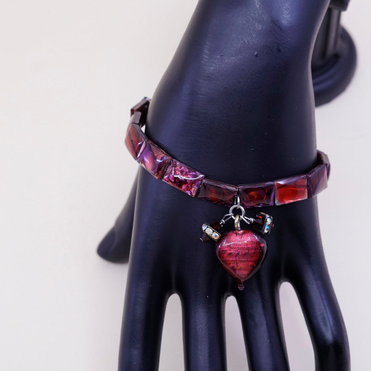 7”, sterling 925 silver handmade bracelet w/ red abalone beads N heart charm
