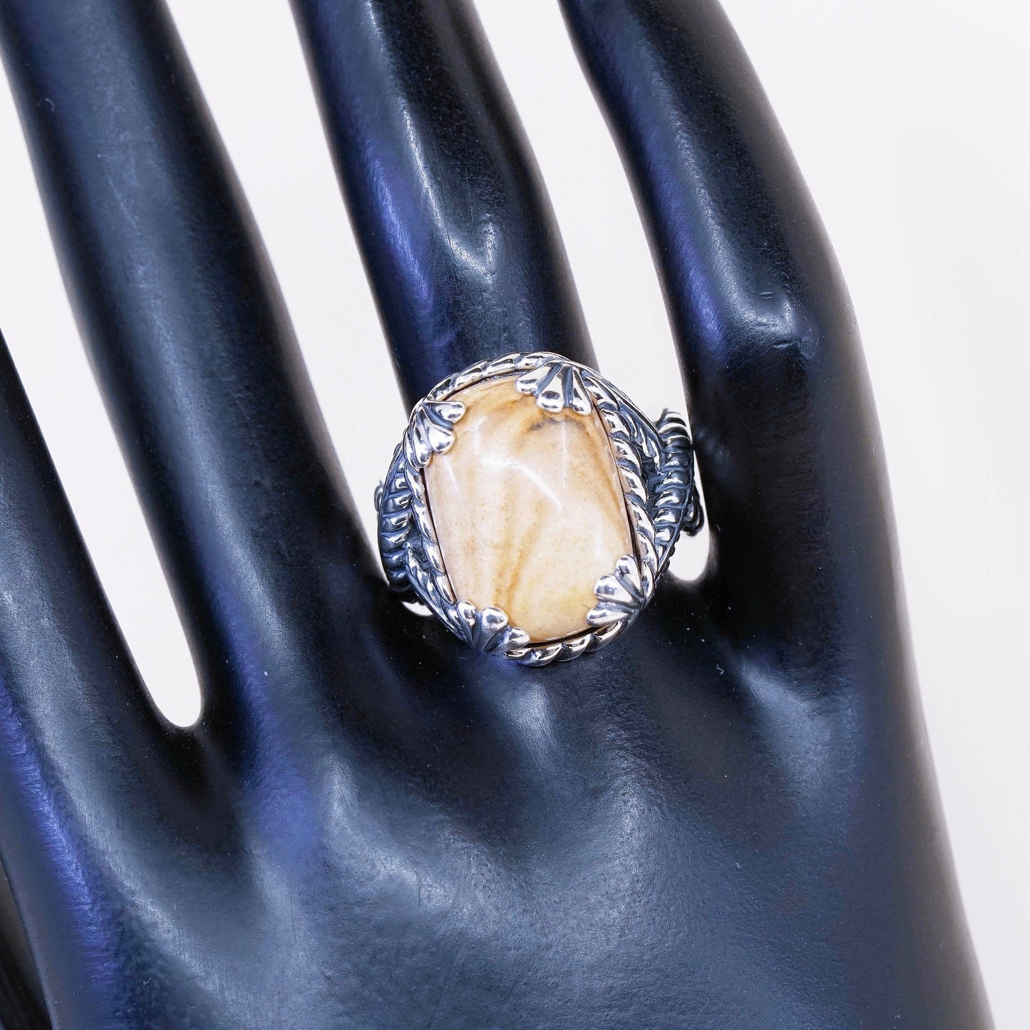 sz 8.5, vtg relios carolyn pollack sterling 925 silver ring w/ agate N cable