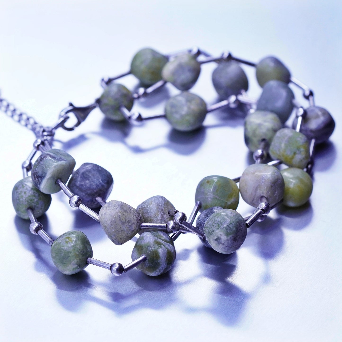 7+1”, vintage Sterling 925 silver handmade bracelet with green jasper beads