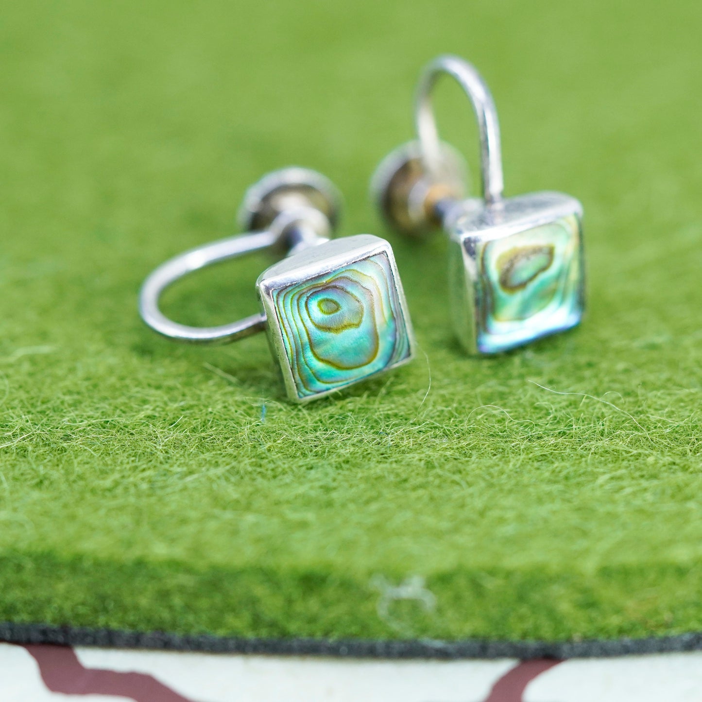 Vintage sterling 925 silver handmade screw back square earrings with abalone
