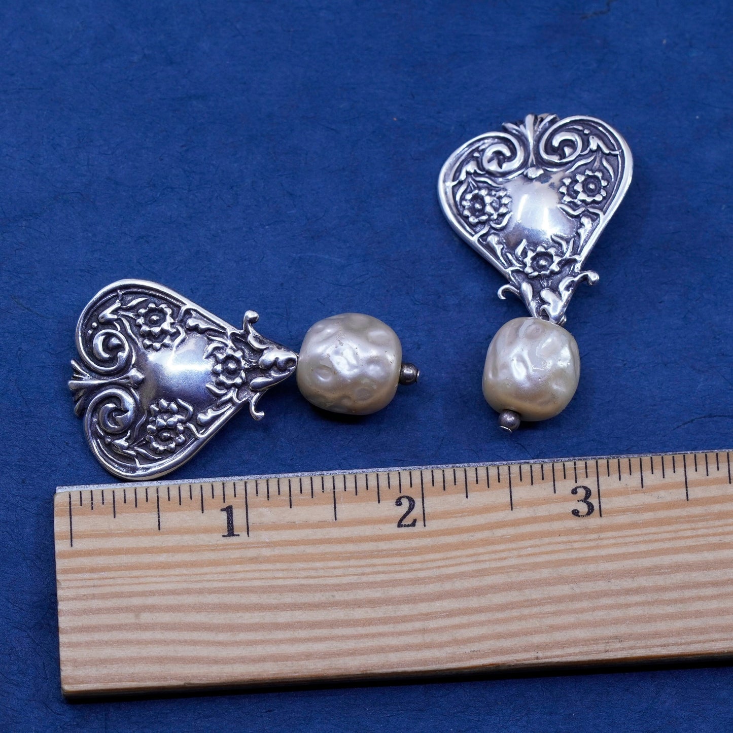 Antique T Foree sterling silver earrings, 925 clip on textured heart pearl